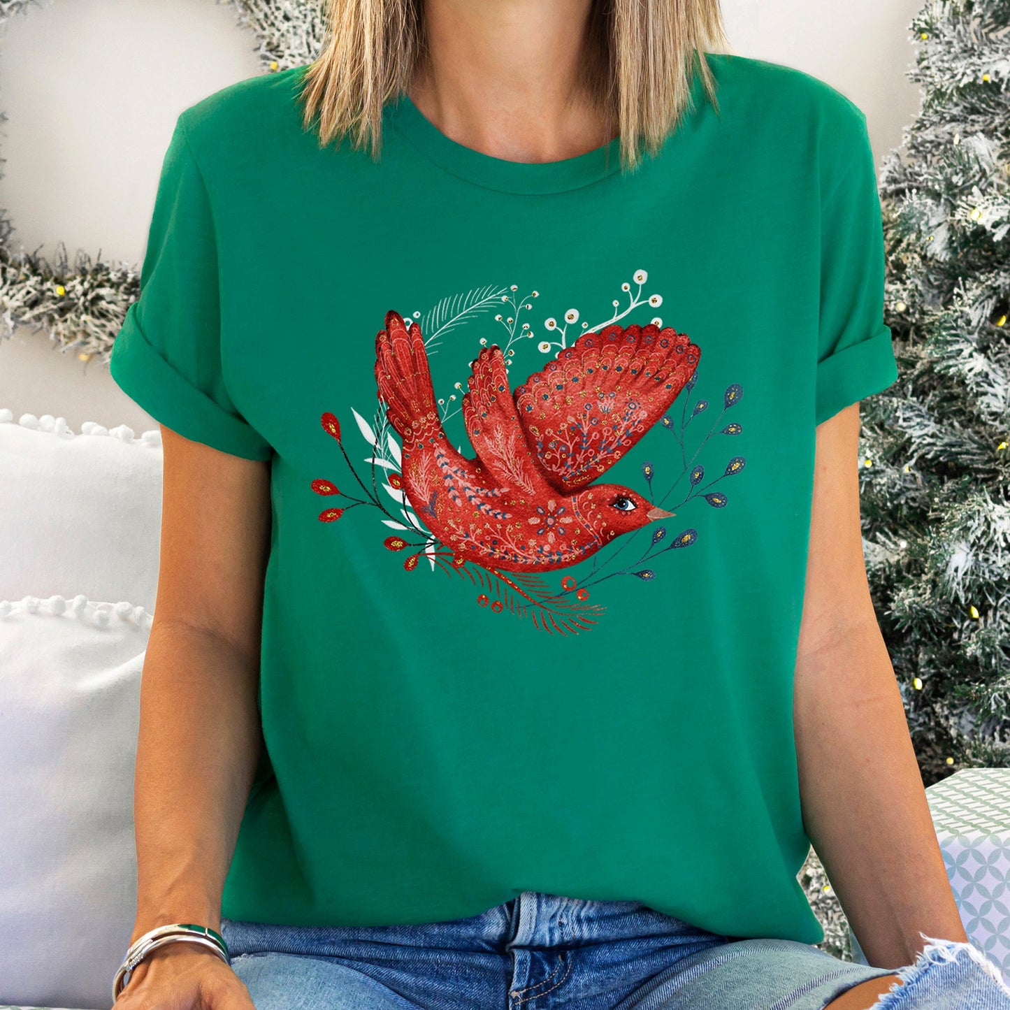 Red Bird, Folk Art, Scandinavian, Winter, Christmas Super Soft Tees