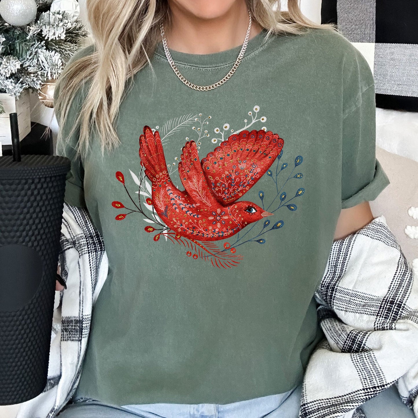 Red Bird, Folk Art, Scandinavian, Winter, Christmas, Comfort Colors Tshirt