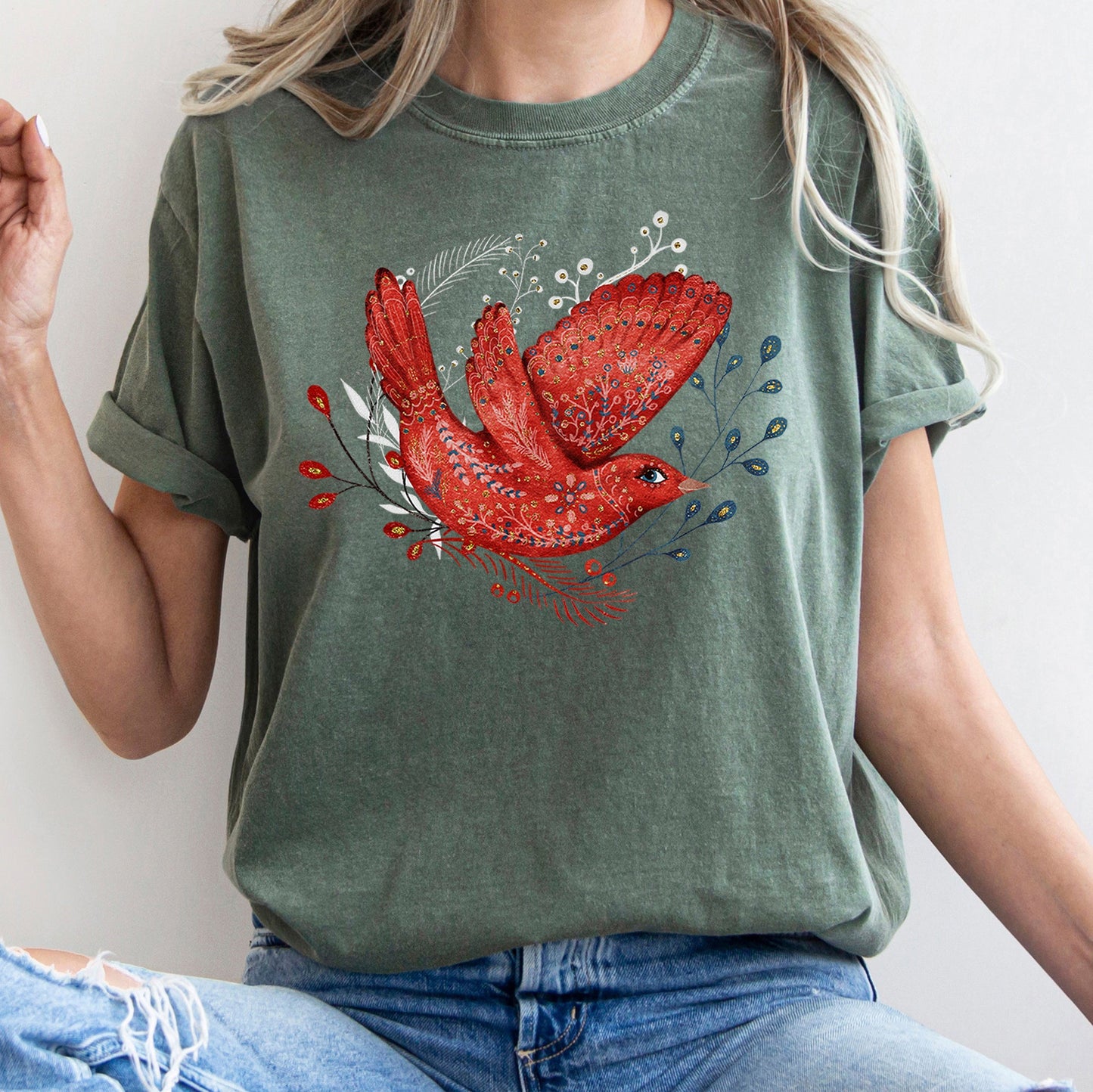 Red Bird, Folk Art, Scandinavian, Winter, Christmas, Comfort Colors Tshirt