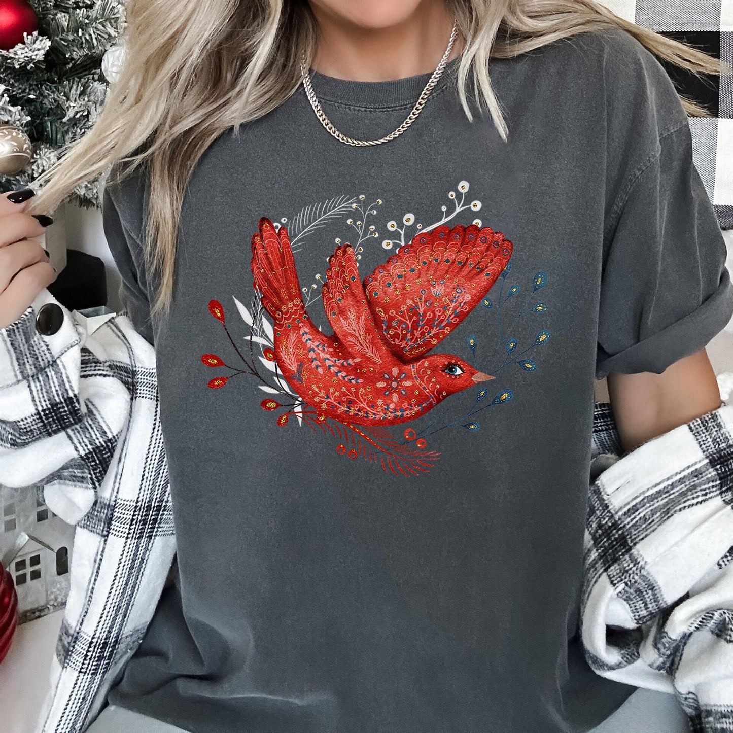 Red Bird, Folk Art, Scandinavian, Winter, Christmas, Comfort Colors Tshirt