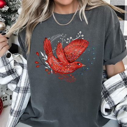 Red Bird, Folk Art, Scandinavian, Winter, Christmas, Comfort Colors Tshirt