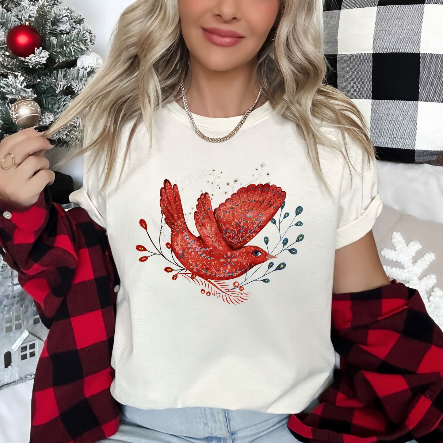 Red Bird, Folk Art, Scandinavian, Winter, Christmas Super Soft Tees