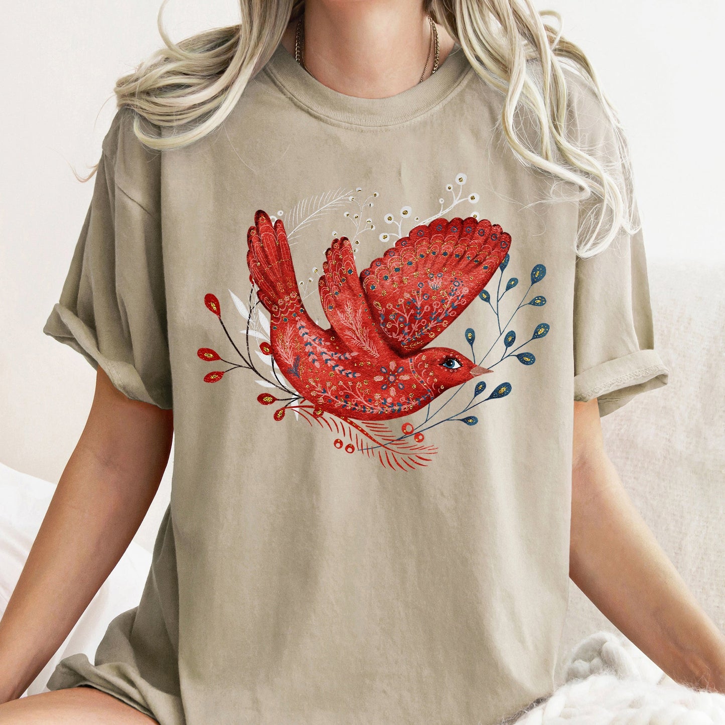 Red Bird, Folk Art, Scandinavian, Winter, Christmas, Comfort Colors Tshirt