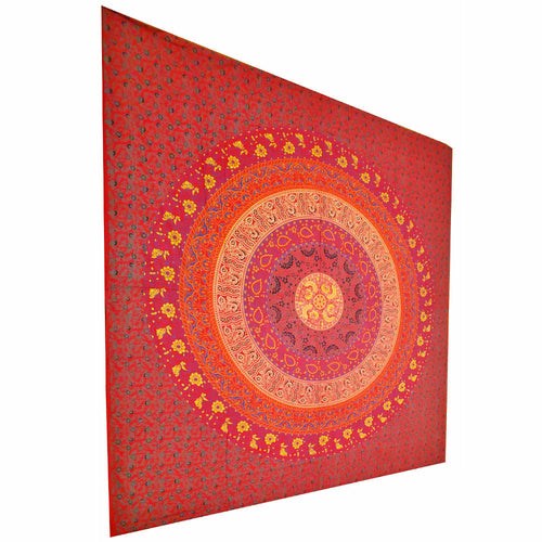 Red tapestry with a central mandala design on a white background