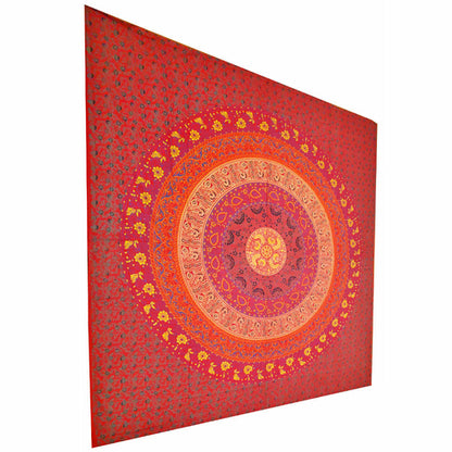 Red tapestry with a central mandala design on a white background