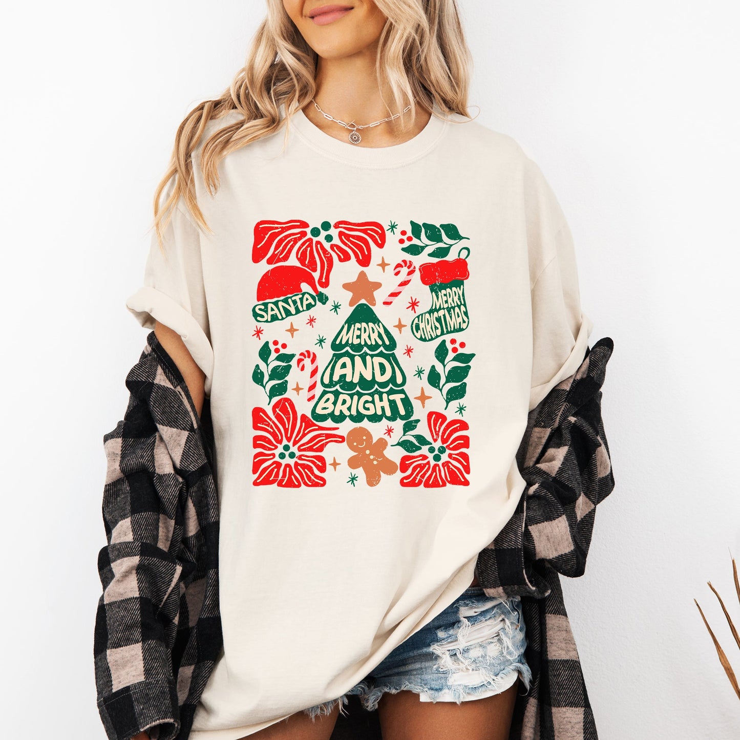 Red Merry and Bright, Candy Cane, Tree, Merry Christmas, Flowers, Floral Tshirt Comfort Colors T-Shirt