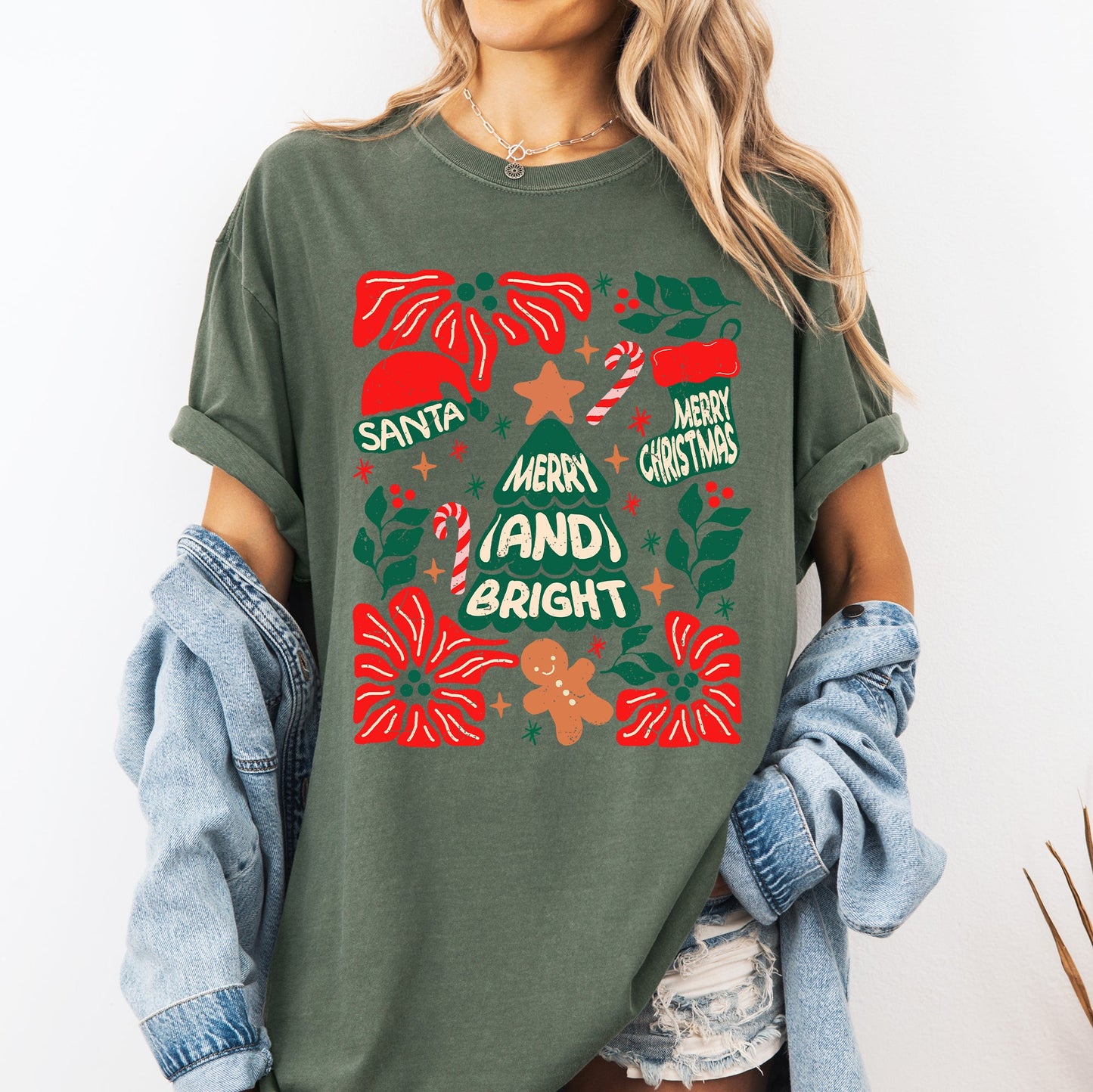Red Merry and Bright, Candy Cane, Tree, Merry Christmas, Flowers, Floral Tshirt Comfort Colors T-Shirt