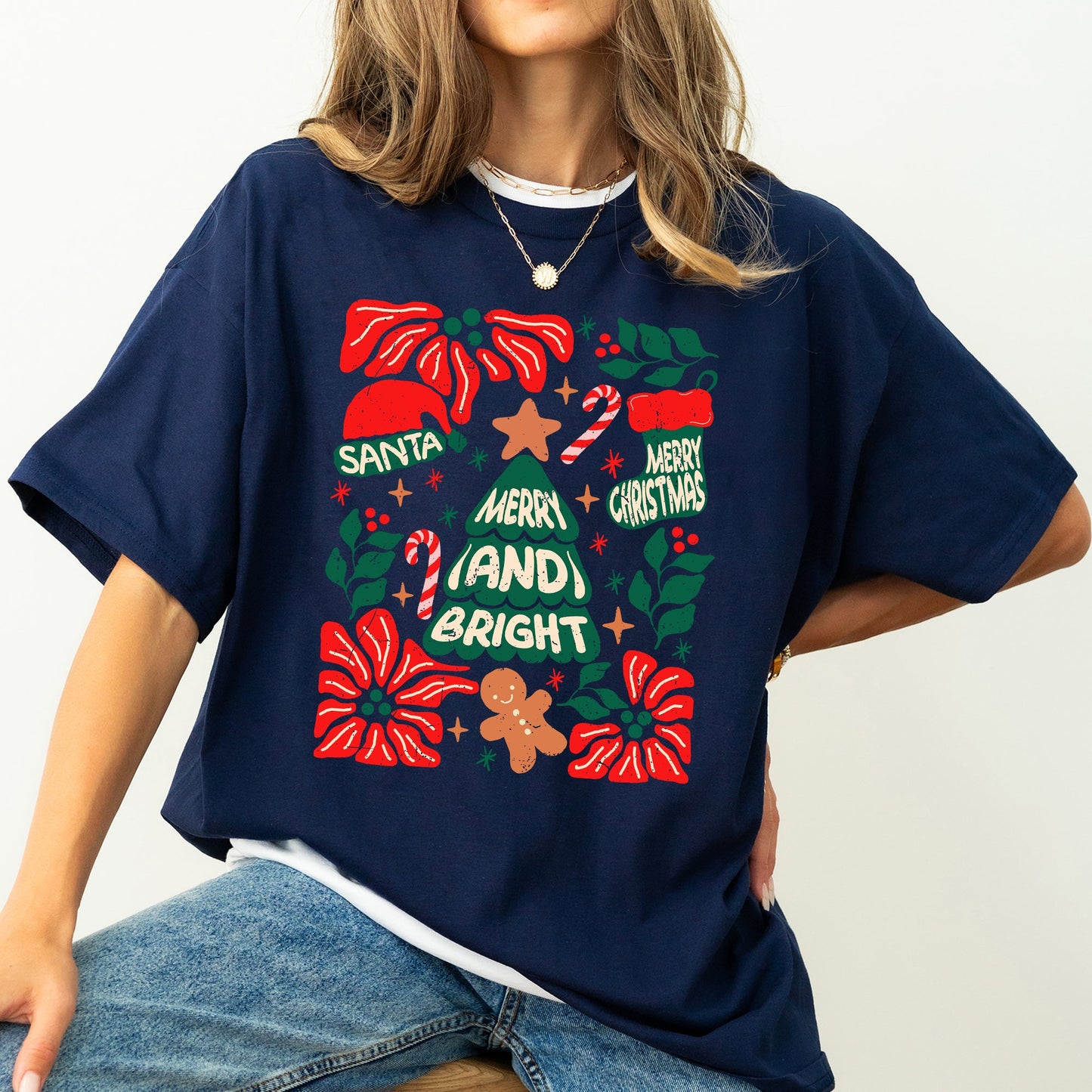 Red Merry and Bright, Candy Cane, Tree, Merry Christmas, Flowers, Floral Tshirt Comfort Colors T-Shirt