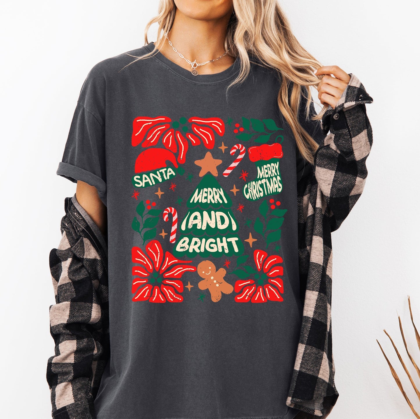 Red Merry and Bright, Candy Cane, Tree, Merry Christmas, Flowers, Floral Tshirt Comfort Colors T-Shirt