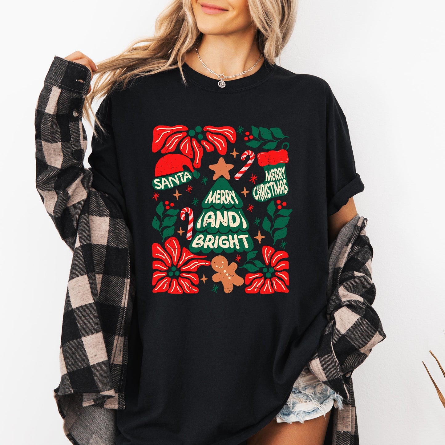 Red Merry and Bright, Candy Cane, Tree, Merry Christmas, Flowers, Floral Tshirt Comfort Colors T-Shirt