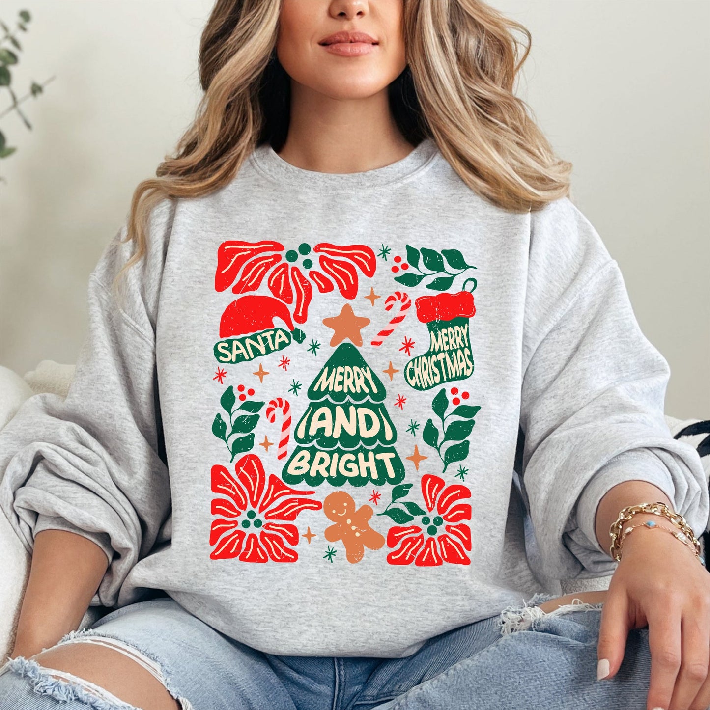 Red Merry and Bright, Candy Cane, Tree, Merry Christmas, Flowers, Floral Sweatshirt