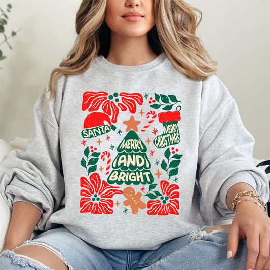 Red Merry and Bright, Candy Cane, Tree, Merry Christmas, Flowers, Floral Sweatshirt