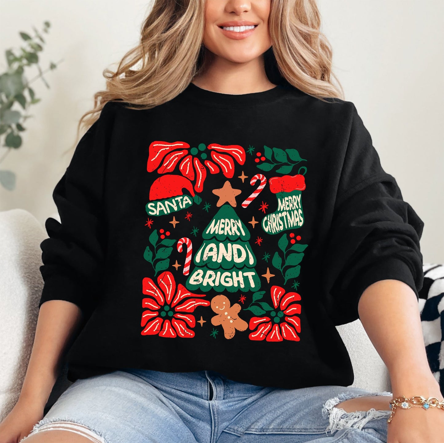 Red Merry and Bright, Candy Cane, Tree, Merry Christmas, Flowers, Floral Sweatshirt
