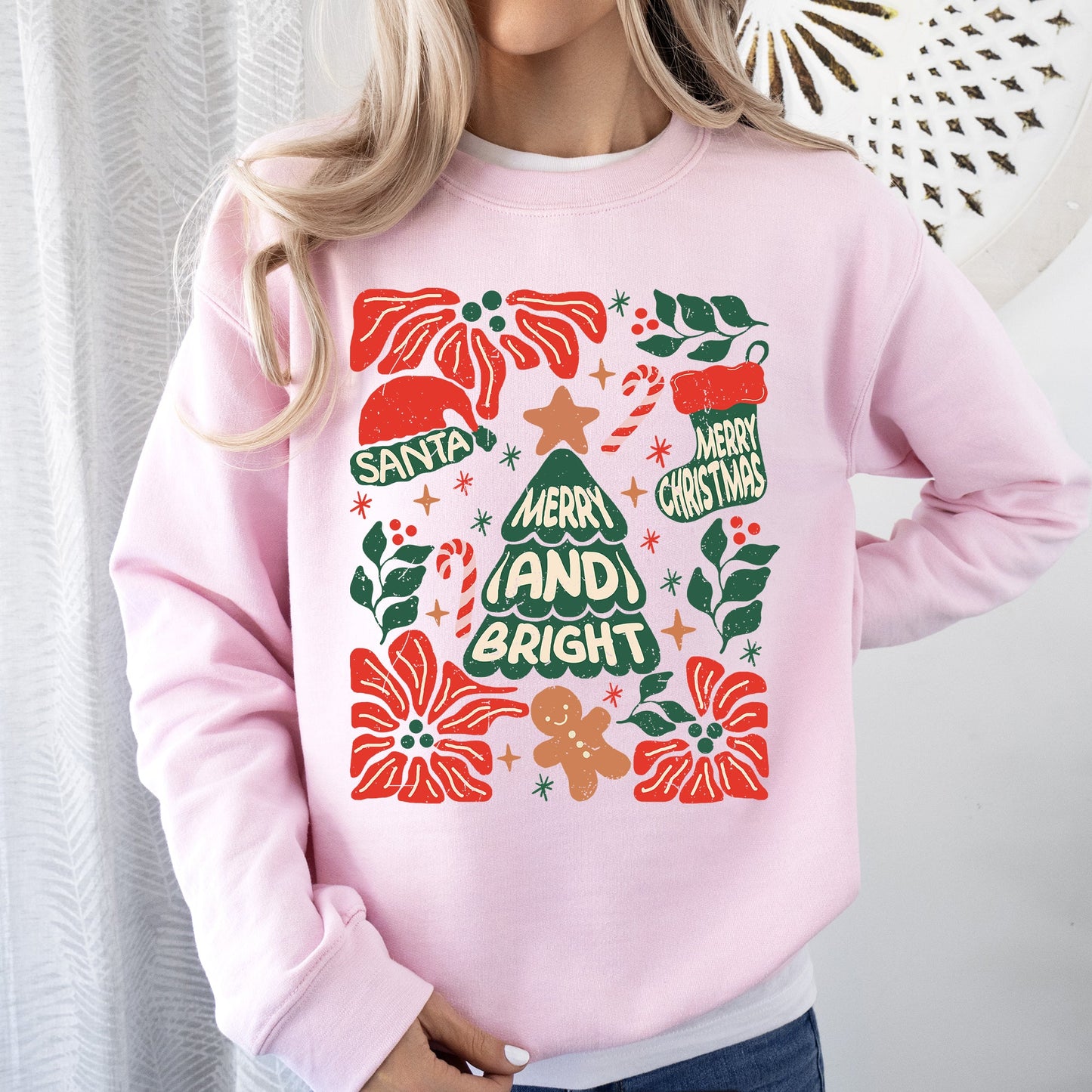 Red Merry and Bright, Candy Cane, Tree, Merry Christmas, Flowers, Floral Sweatshirt