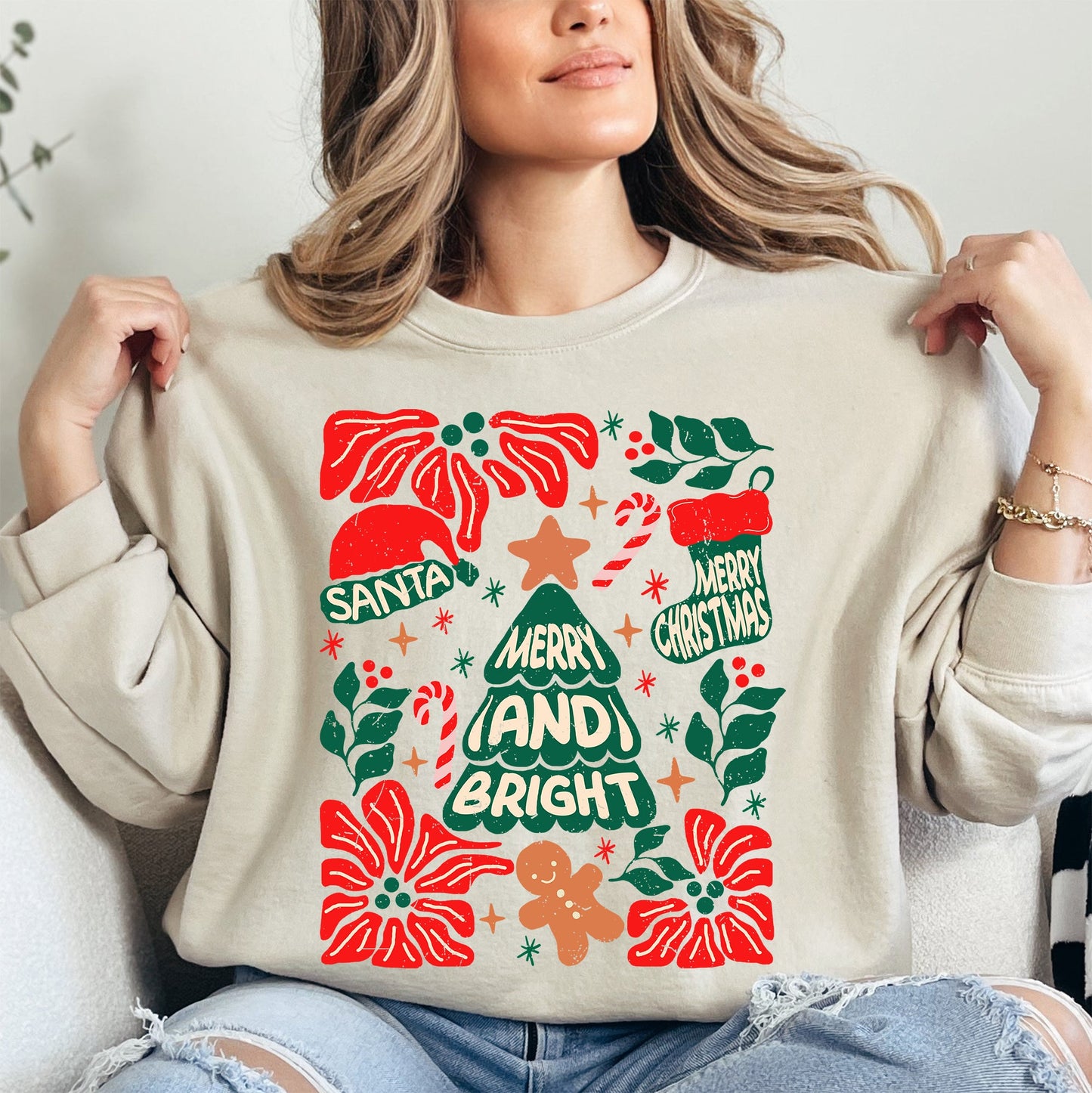 Red Merry and Bright, Candy Cane, Tree, Merry Christmas, Flowers, Floral Sweatshirt