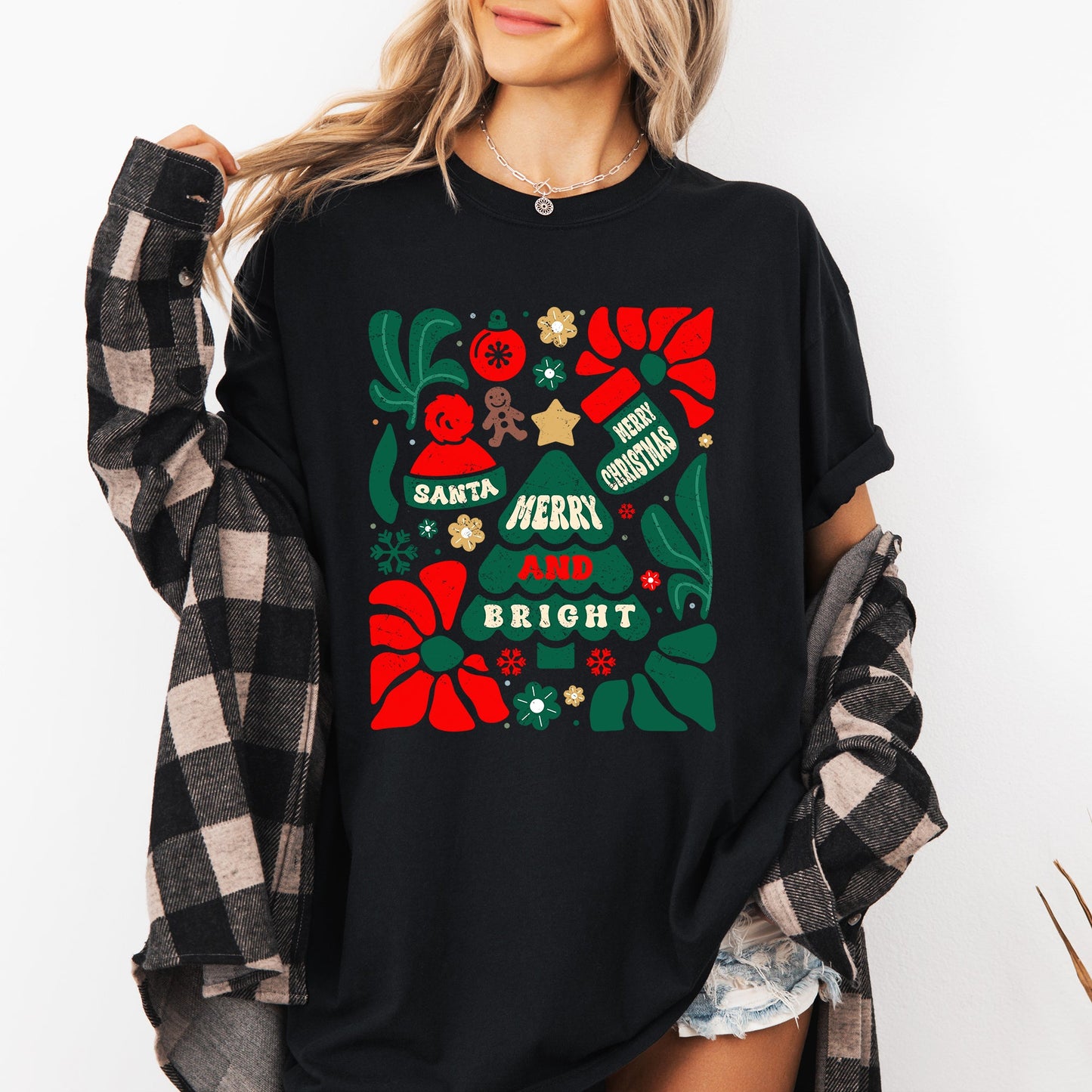 Red Merry and Bright, Ornament, Tree, Merry Christmas, Flowers, Floral Tshirt Comfort Colors T-Shirt