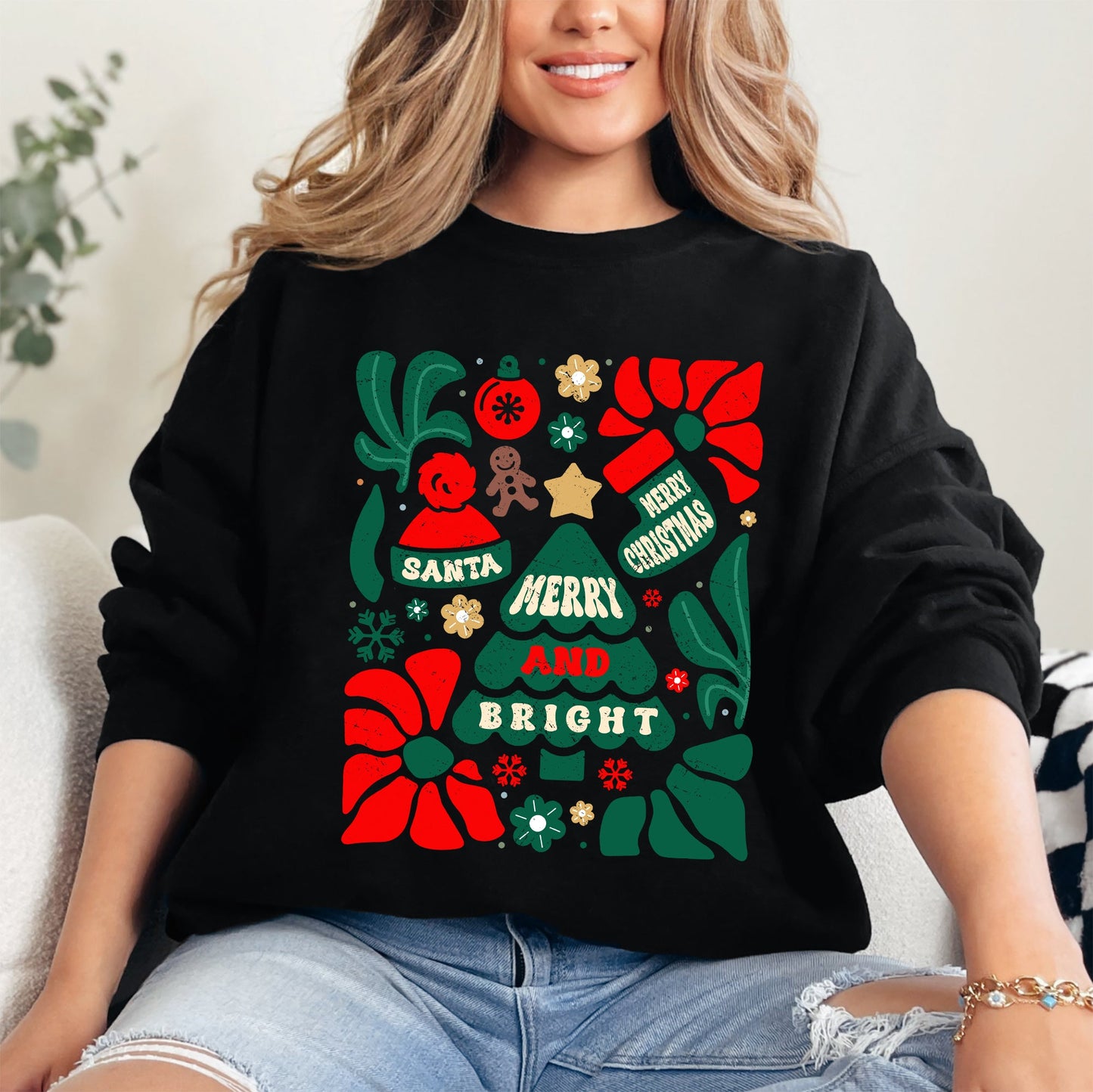 Red Merry and Bright, Ornament, Tree, Merry Christmas, Flowers, Floral Sweatshirt