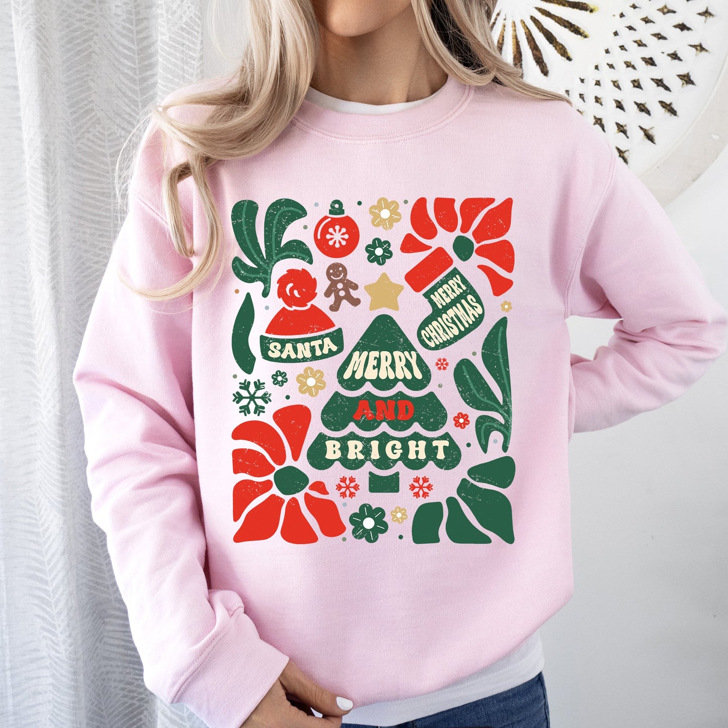 Red Merry and Bright, Ornament, Tree, Merry Christmas, Flowers, Floral Sweatshirt