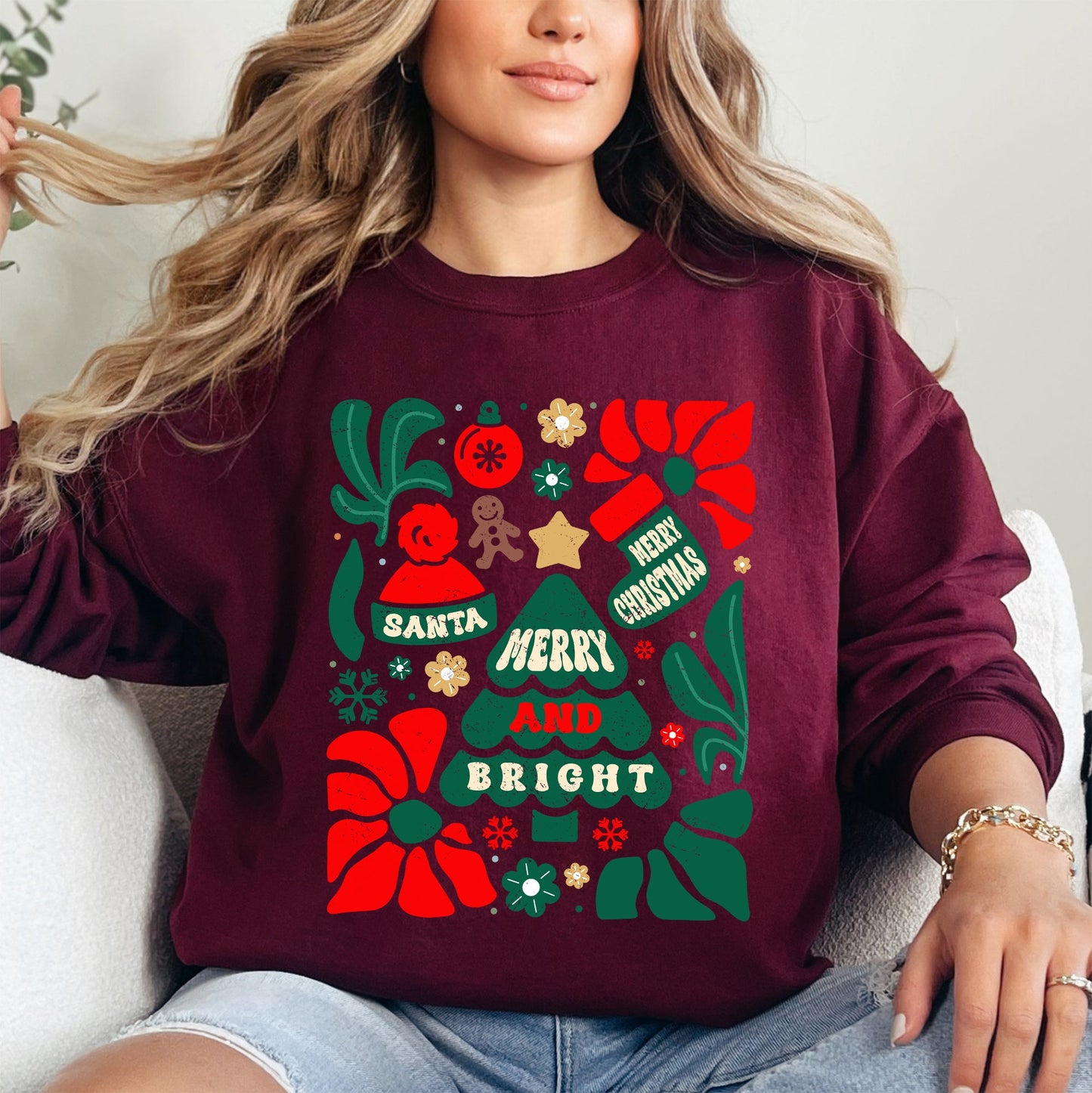 Red Merry and Bright, Ornament, Tree, Merry Christmas, Flowers, Floral Sweatshirt