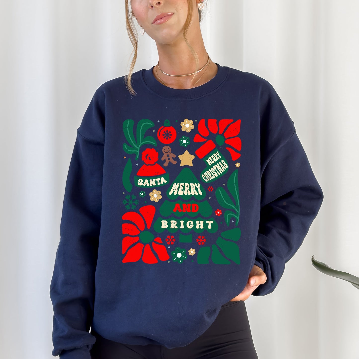 Red Merry and Bright, Ornament, Tree, Merry Christmas, Flowers, Floral Sweatshirt
