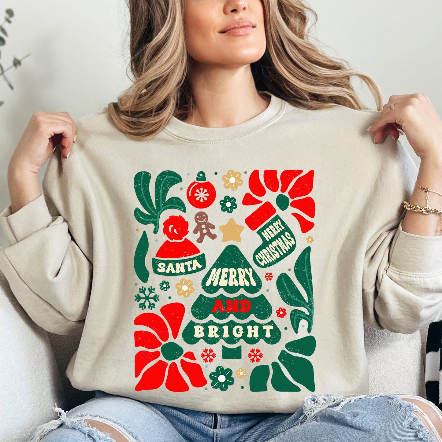 Red Merry and Bright, Ornament, Tree, Merry Christmas, Flowers, Floral Sweatshirt