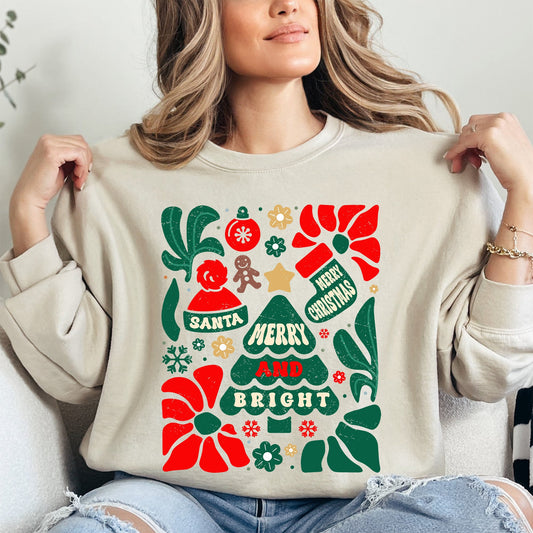Red Merry and Bright, Ornament, Tree, Merry Christmas, Flowers, Floral Sweatshirt