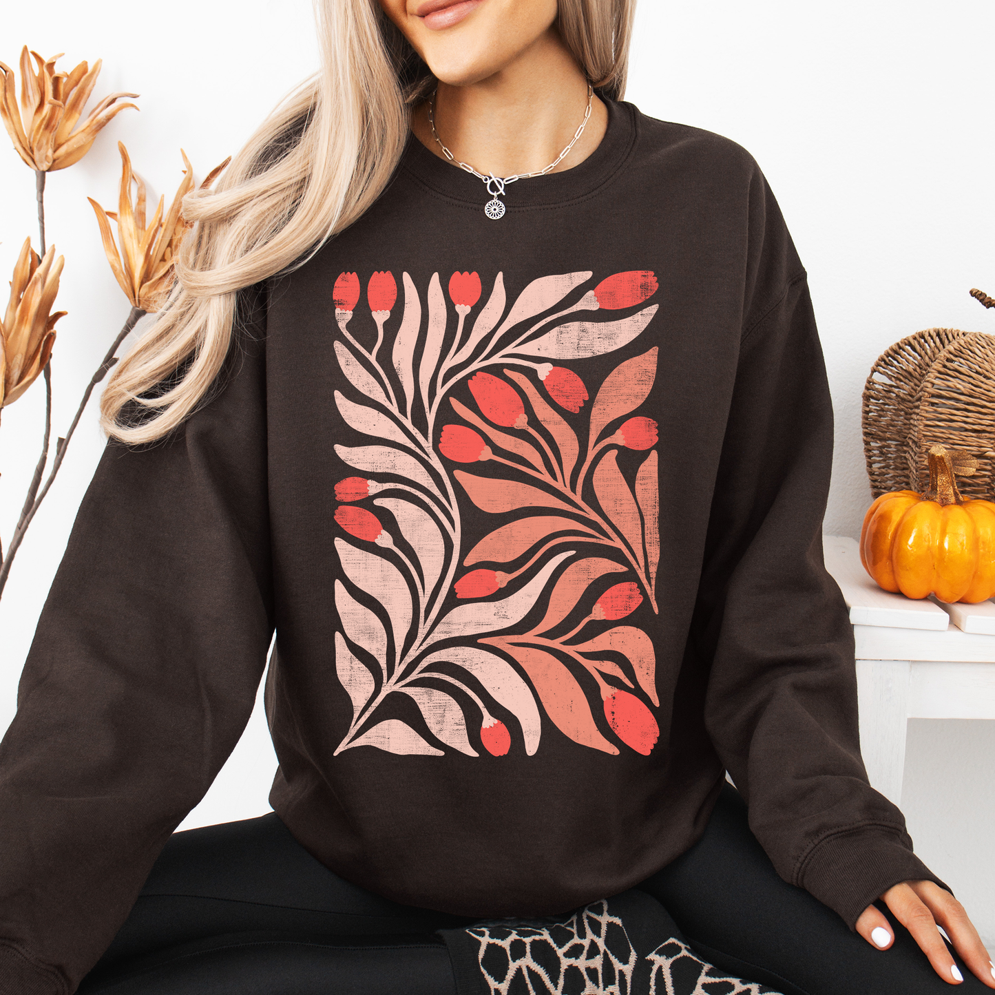 Red Tulip Flower Pattern, Vintage Boho, Nature Sweatshirt