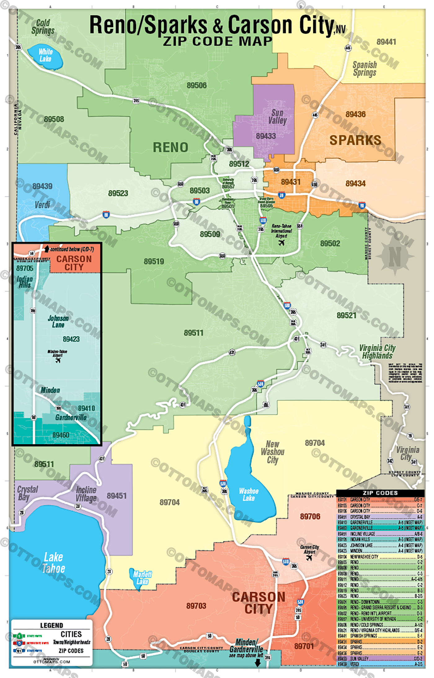 Reno - Sparks - Carson City Zip Code Map - POSTER PRINTS