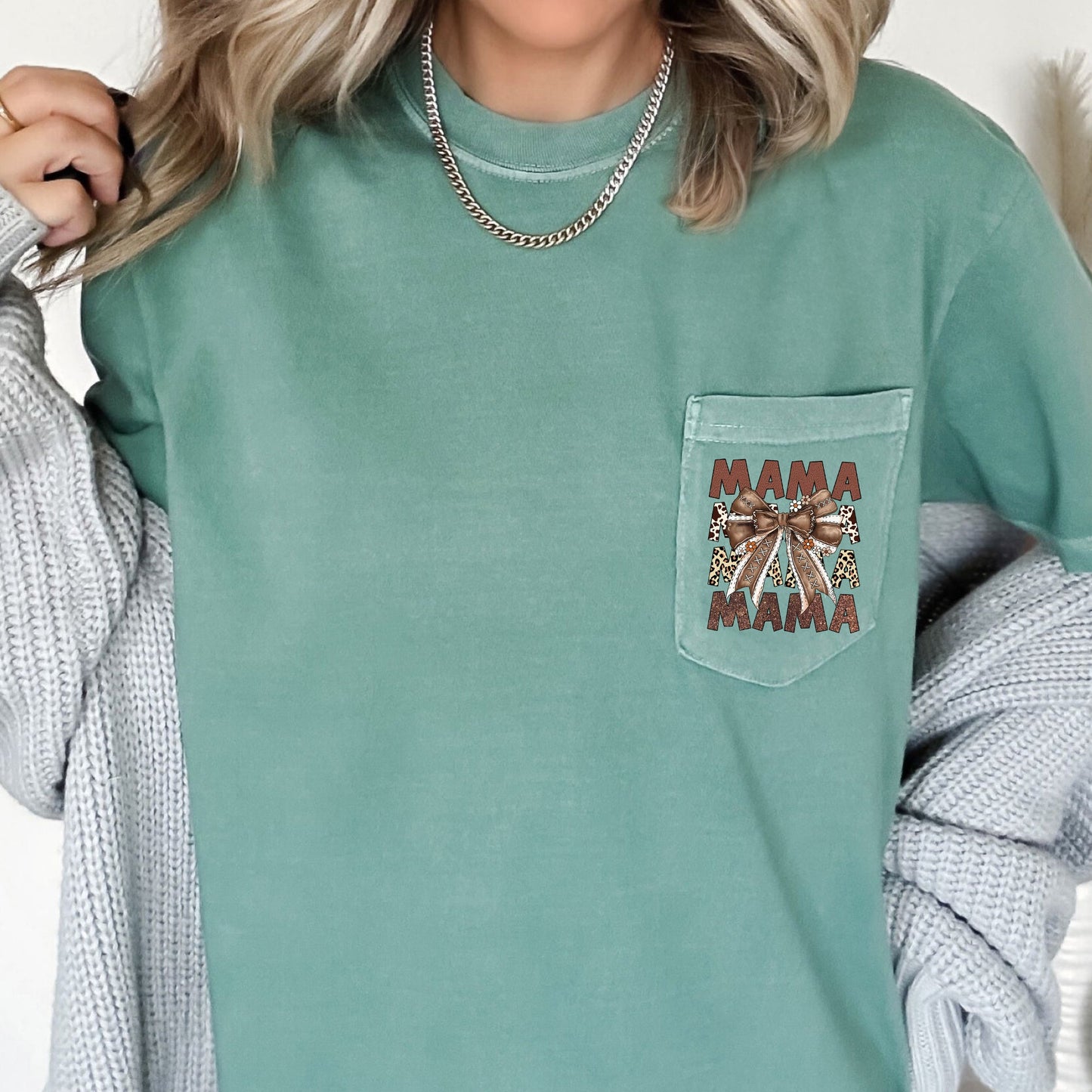Retro Autumn Mama, Bow, Football, Ribbon, Game Day, Pocket Tee Comfort Colors T-Shirt