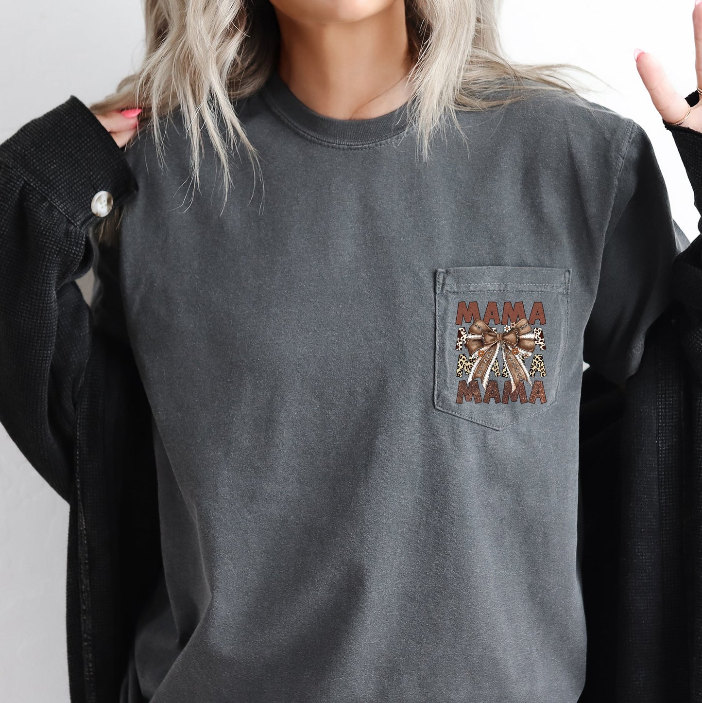 Retro Autumn Mama, Bow, Football, Ribbon, Game Day, Pocket Tee Comfort Colors T-Shirt
