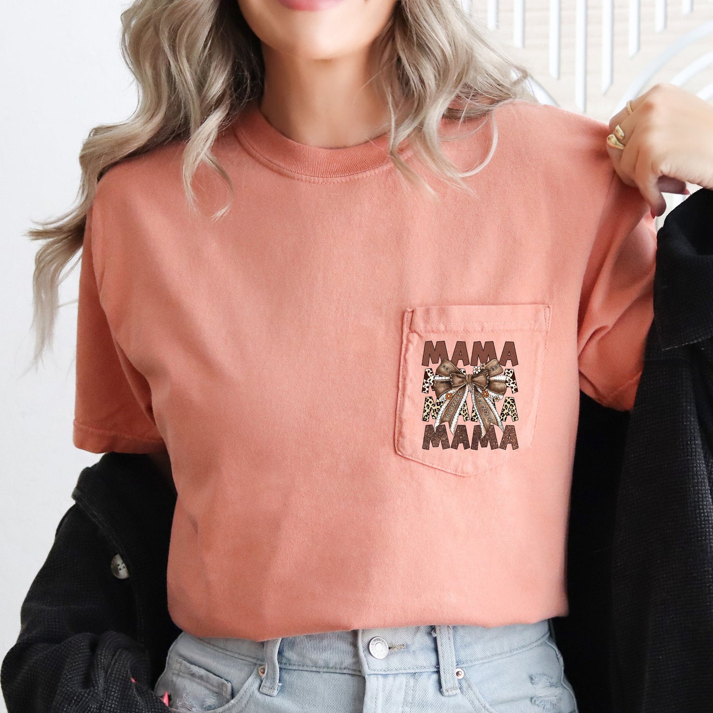 Retro Autumn Mama, Bow, Football, Ribbon, Game Day, Pocket Tee Comfort Colors T-Shirt