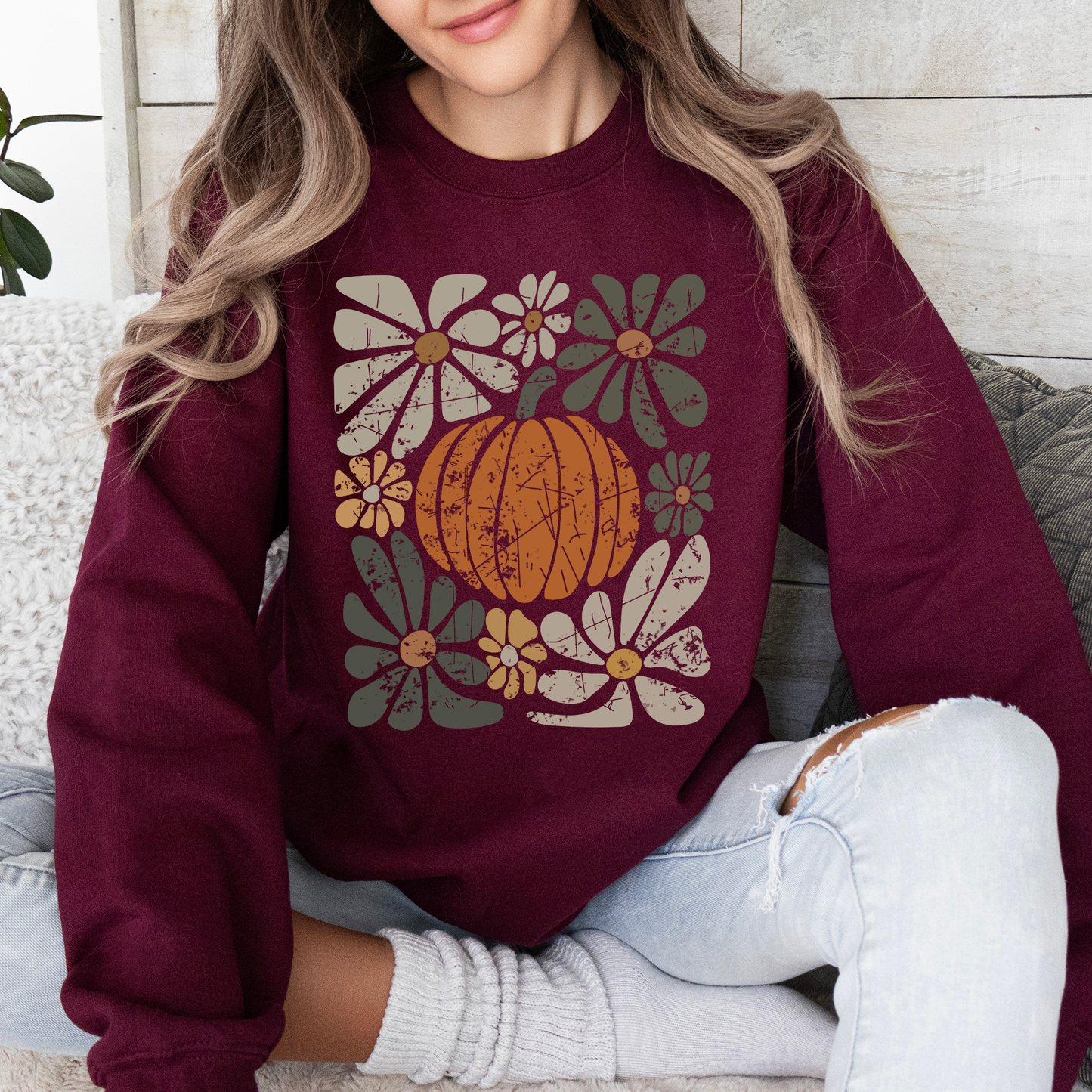 Retro Autumn, Pumpkin and Flowers, Fall, Halloween Sweatshirt