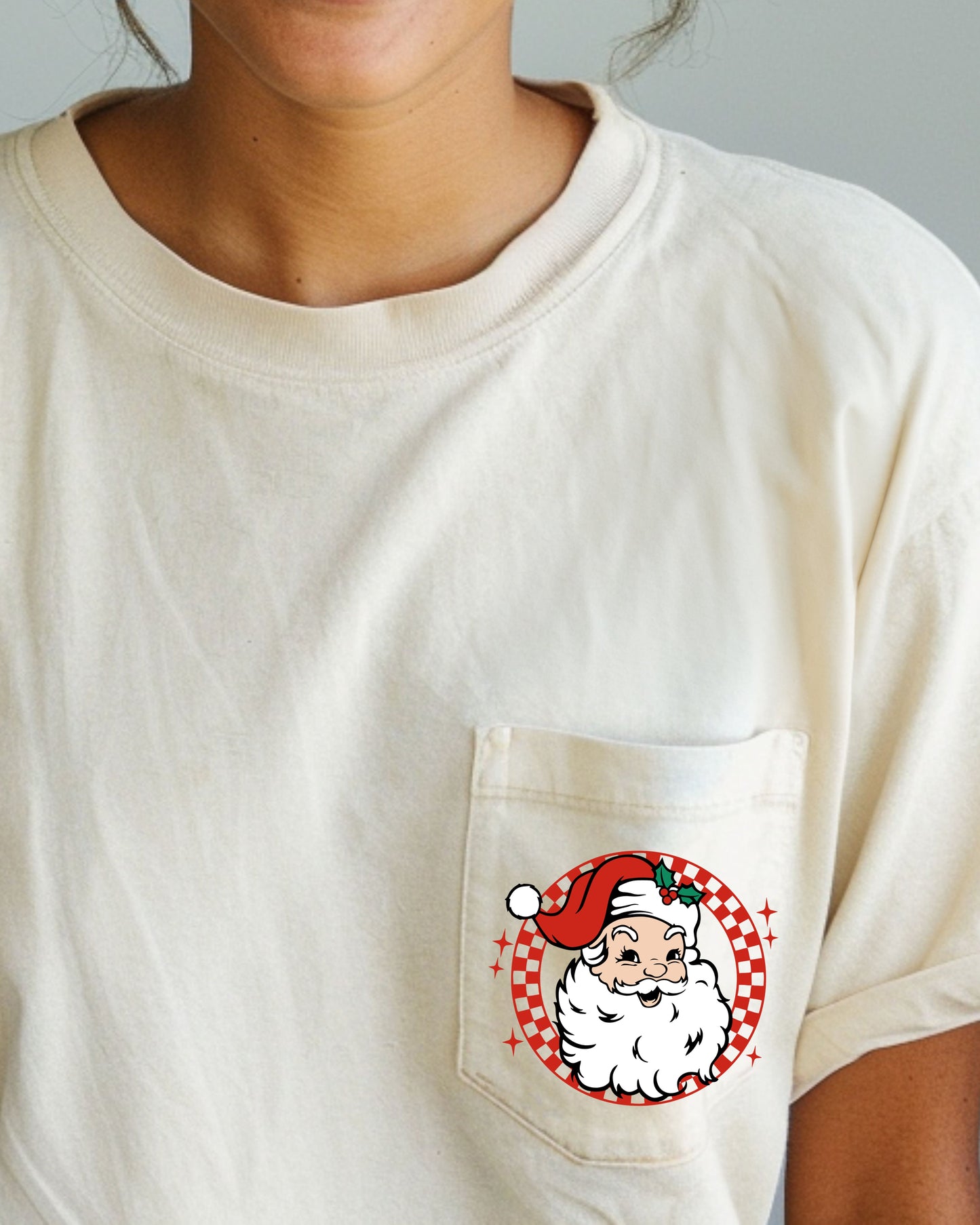 Retro Checkered Santa, Pocket, Christmas, Snow, Winter, Xmas Pocket Tee Comfort Colors T-Shirt