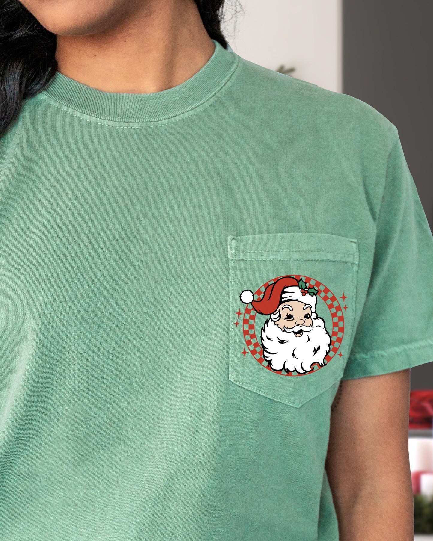 Retro Checkered Santa, Pocket, Christmas, Snow, Winter, Xmas Pocket Tee Comfort Colors T-Shirt