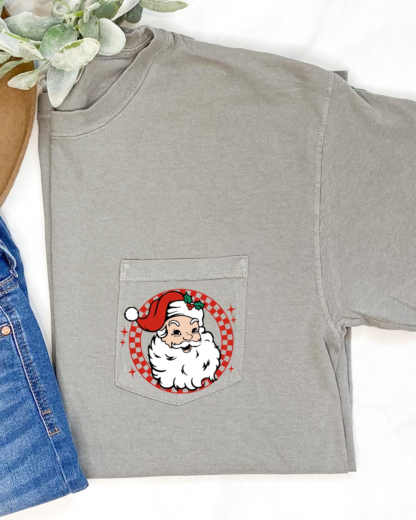 Retro Checkered Santa, Pocket, Christmas, Snow, Winter, Xmas Pocket Tee Comfort Colors T-Shirt
