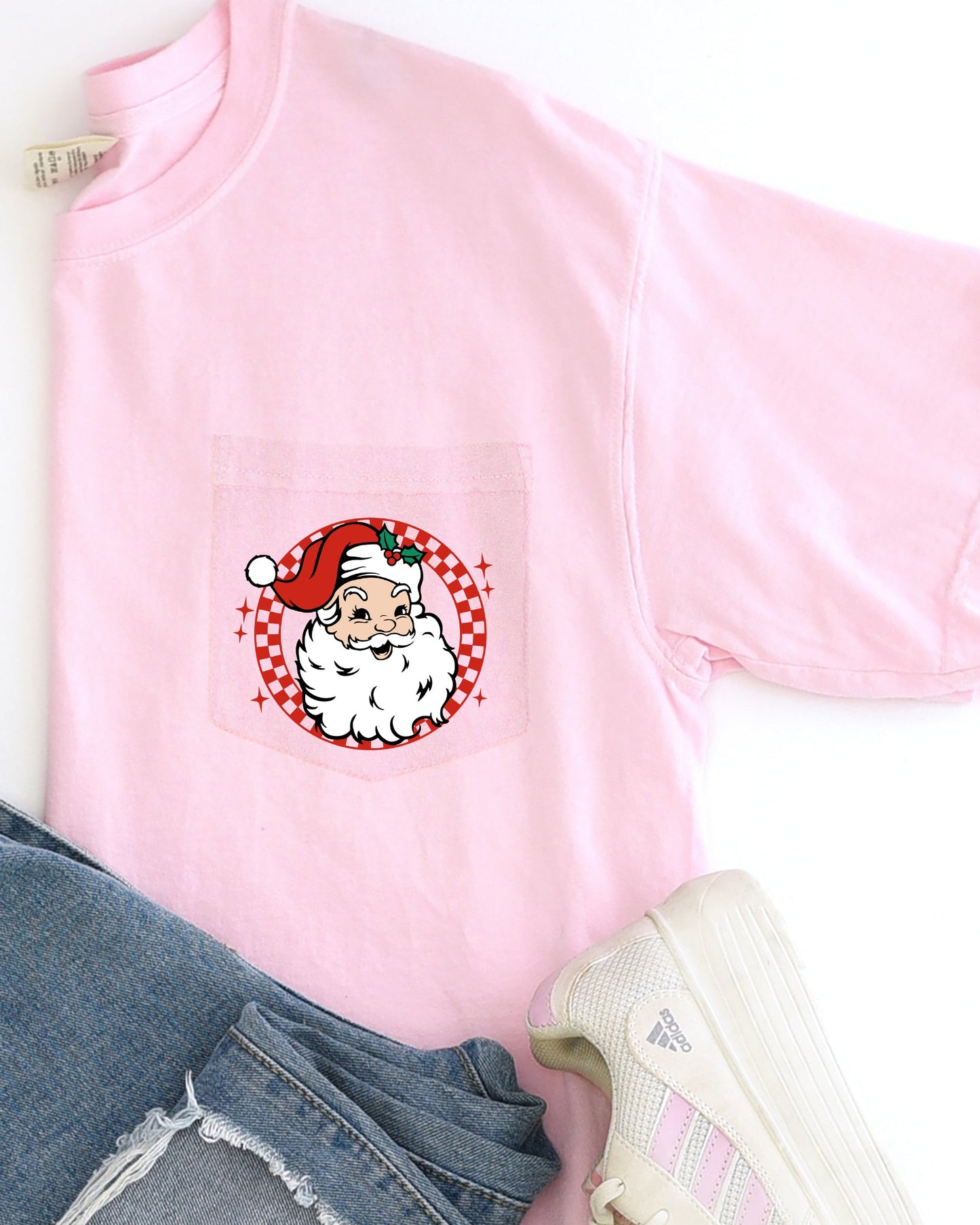 Retro Checkered Santa, Pocket, Christmas, Snow, Winter, Xmas Pocket Tee Comfort Colors T-Shirt