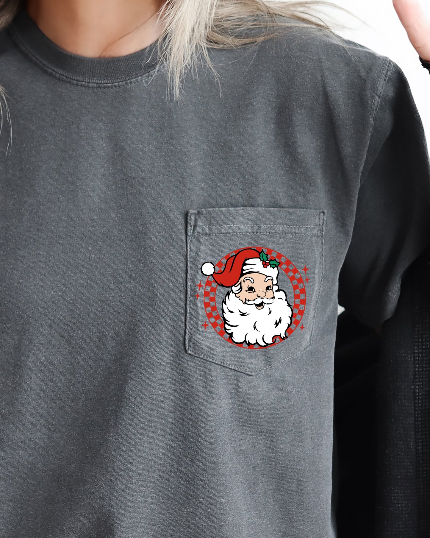Retro Checkered Santa, Pocket, Christmas, Snow, Winter, Xmas Pocket Tee Comfort Colors T-Shirt