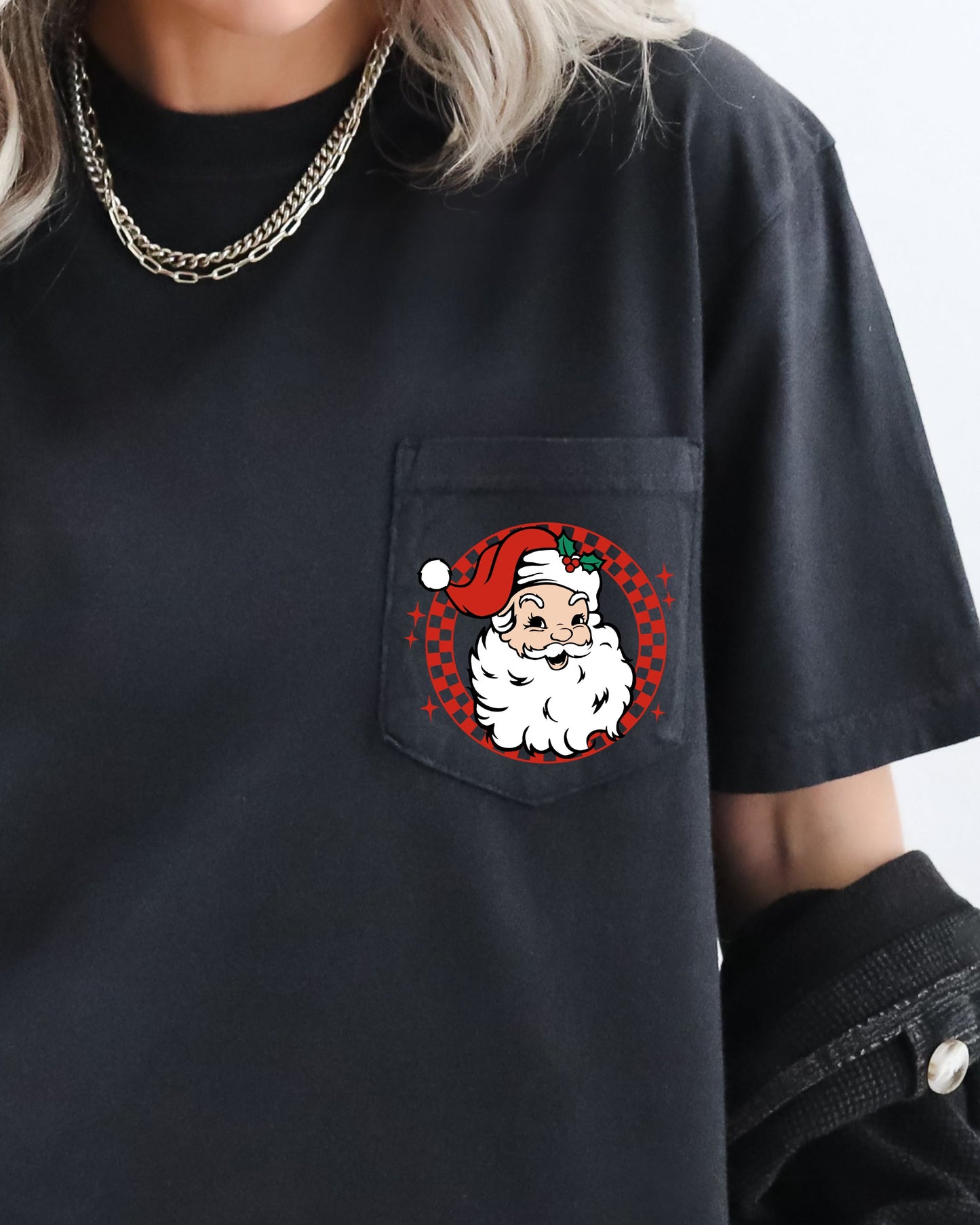 Retro Checkered Santa, Pocket, Christmas, Snow, Winter, Xmas Pocket Tee Comfort Colors T-Shirt