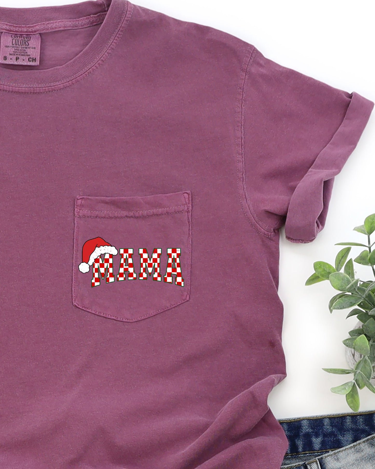 Retro Christmas Mama, Checkered, Pocket, Santa, Snow, Winter, Xmas Pocket Tee Comfort Colors T-Shirt