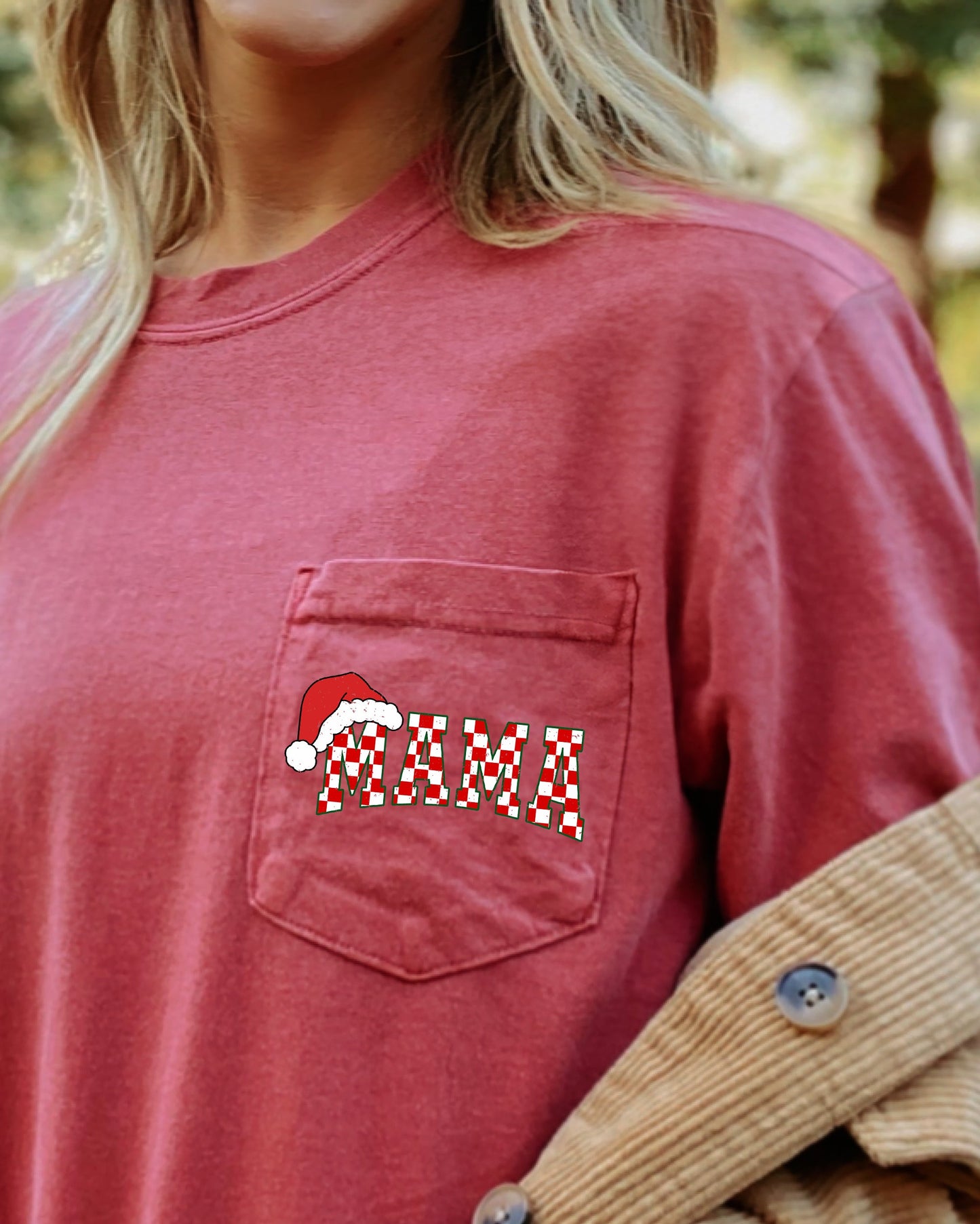 Retro Christmas Mama, Checkered, Pocket, Santa, Snow, Winter, Xmas Pocket Tee Comfort Colors T-Shirt