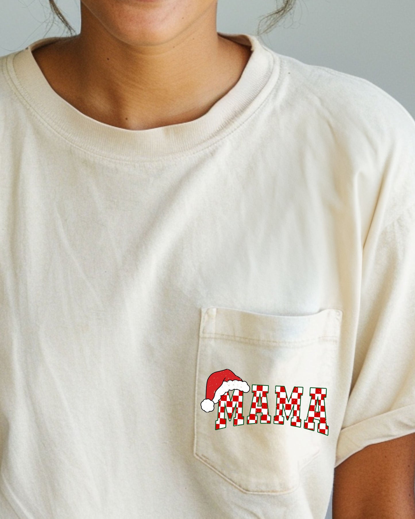 Retro Christmas Mama, Checkered, Pocket, Santa, Snow, Winter, Xmas Pocket Tee Comfort Colors T-Shirt