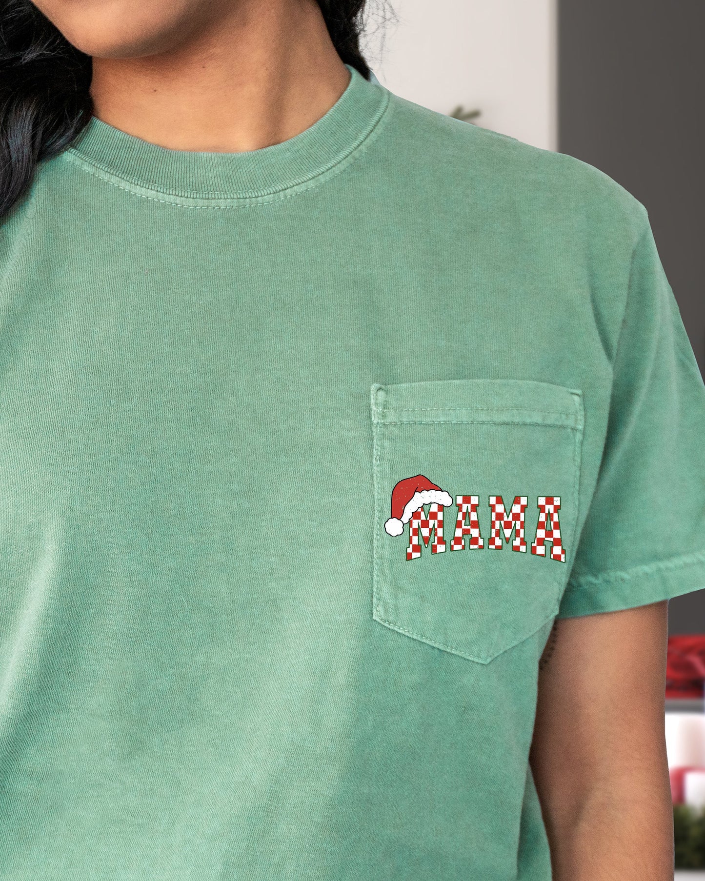Retro Christmas Mama, Checkered, Pocket, Santa, Snow, Winter, Xmas Pocket Tee Comfort Colors T-Shirt