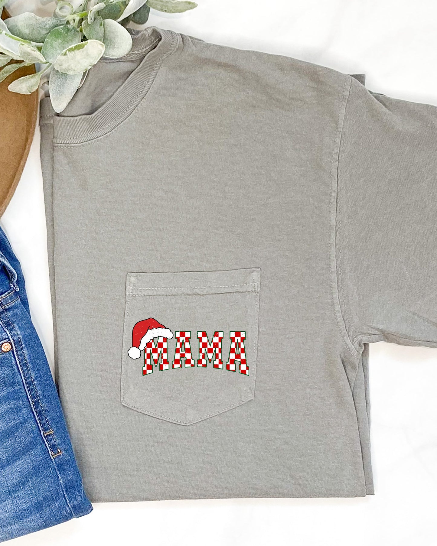 Retro Christmas Mama, Checkered, Pocket, Santa, Snow, Winter, Xmas Pocket Tee Comfort Colors T-Shirt