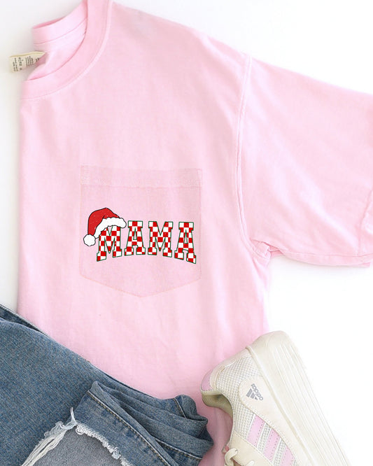 Retro Christmas Mama, Checkered, Pocket, Santa, Snow, Winter, Xmas Pocket Tee Comfort Colors T-Shirt