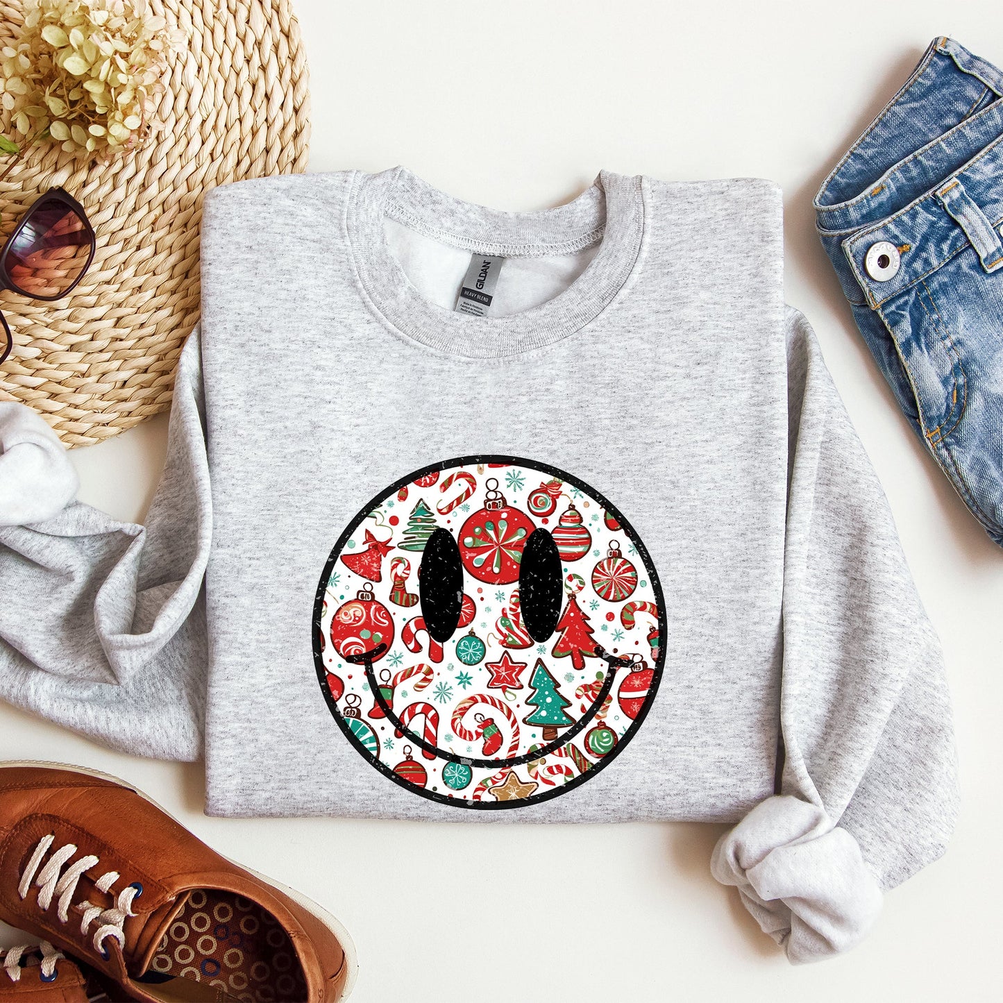Retro Christmas Smiley, Funny, Winter, Santa, Xmas Sweatshirt