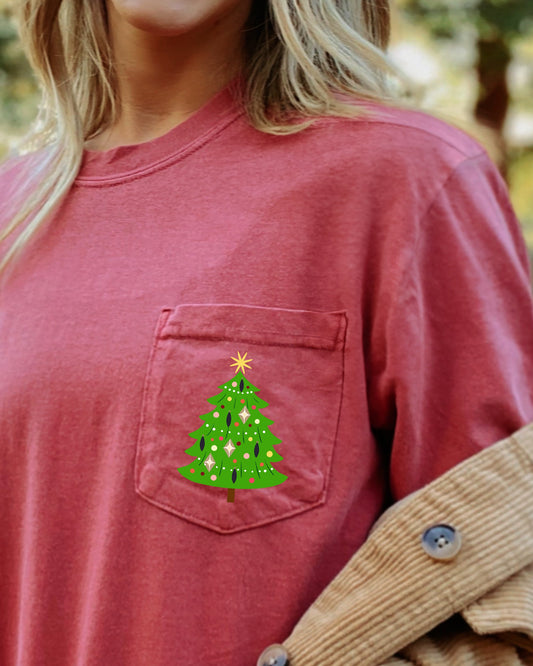 Retro Christmas Tree, Pocket, Santa, Snow, Xmas Pocket Tee Comfort Colors T-Shirt