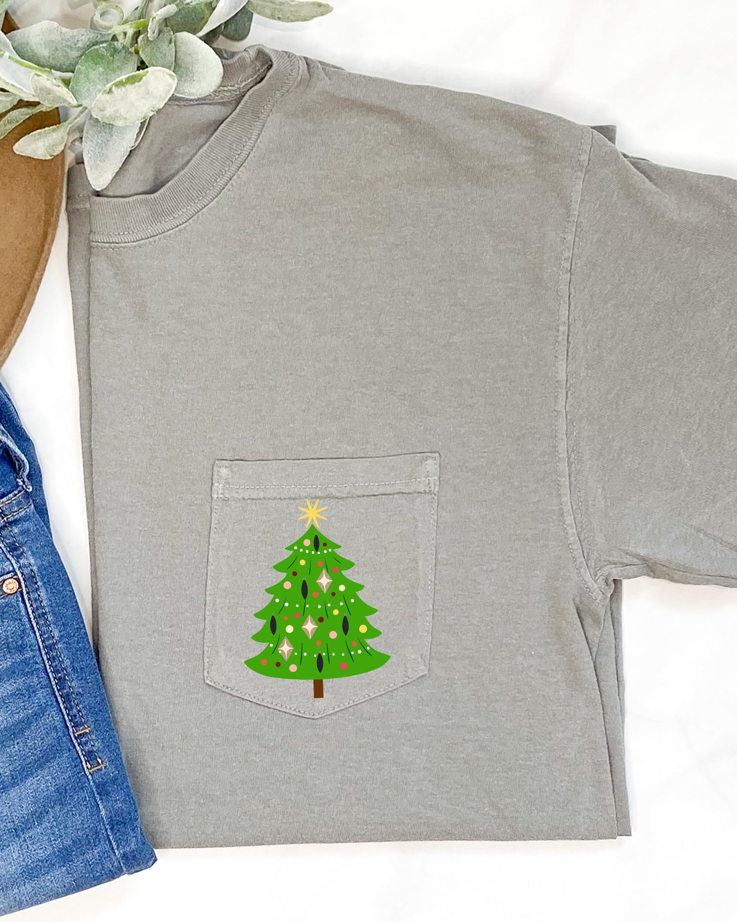 Retro Christmas Tree, Pocket, Santa, Snow, Xmas Pocket Tee Comfort Colors T-Shirt