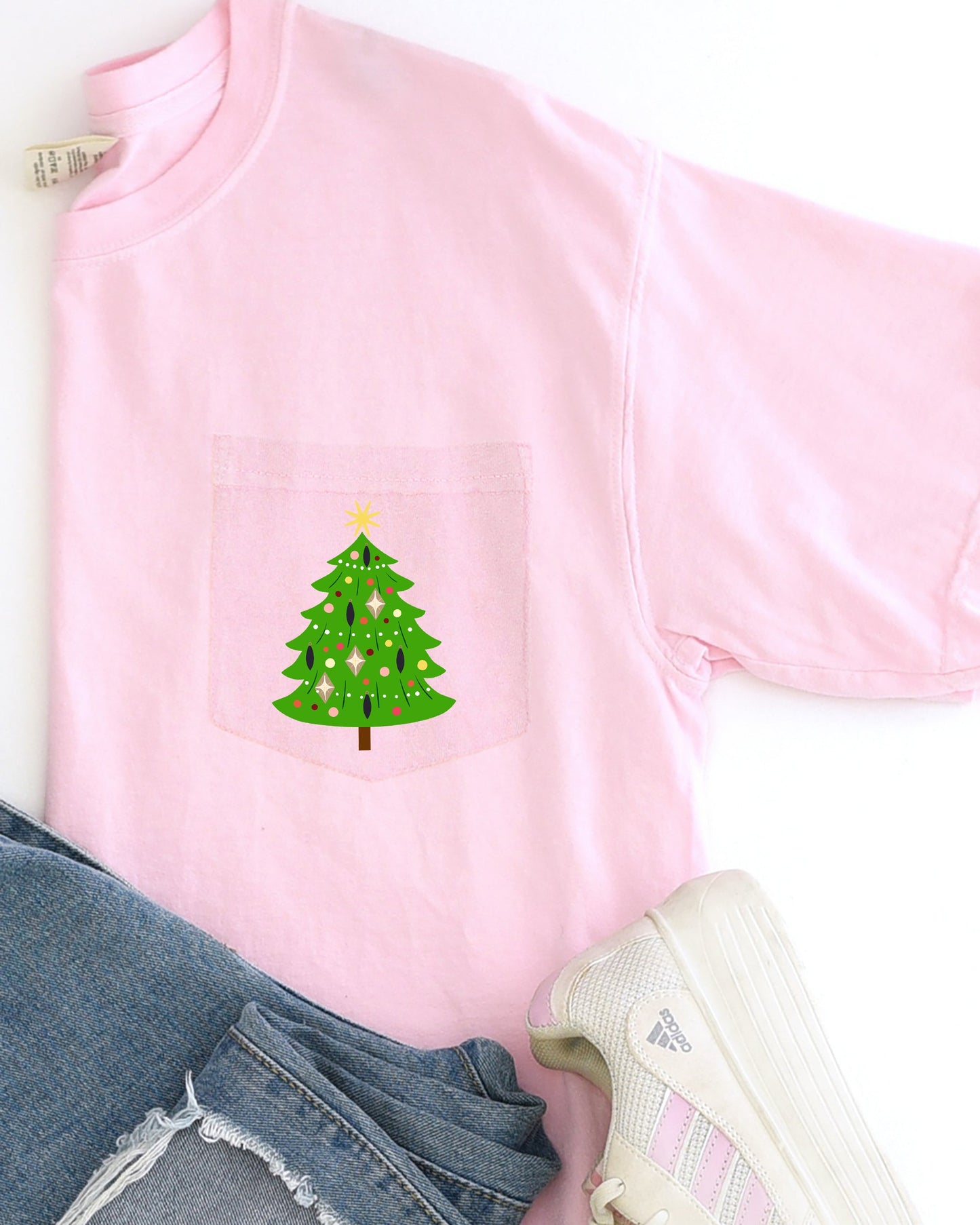 Retro Christmas Tree, Pocket, Santa, Snow, Xmas Pocket Tee Comfort Colors T-Shirt