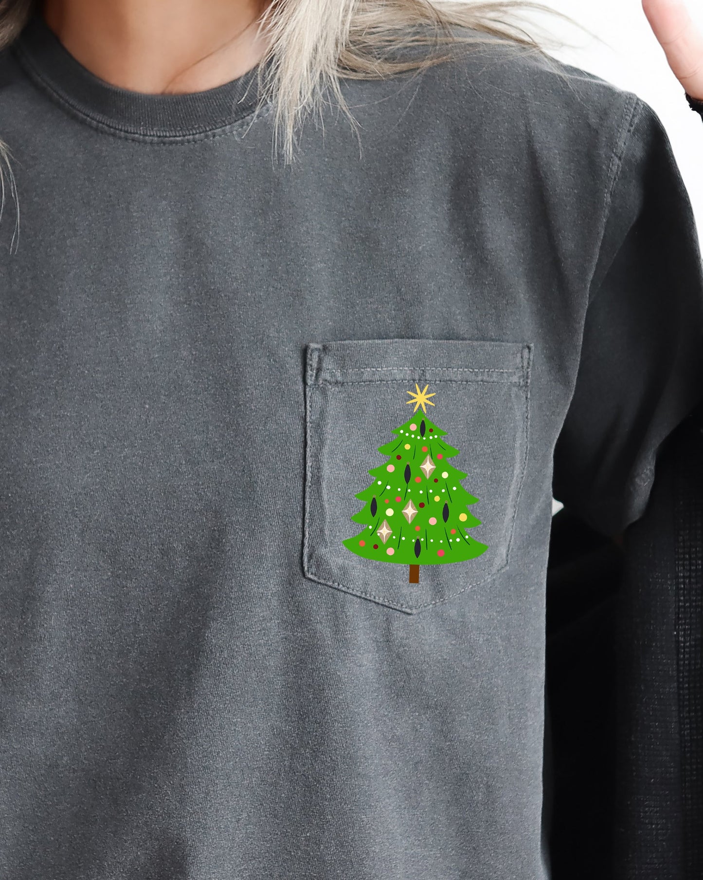 Retro Christmas Tree, Pocket, Santa, Snow, Xmas Pocket Tee Comfort Colors T-Shirt