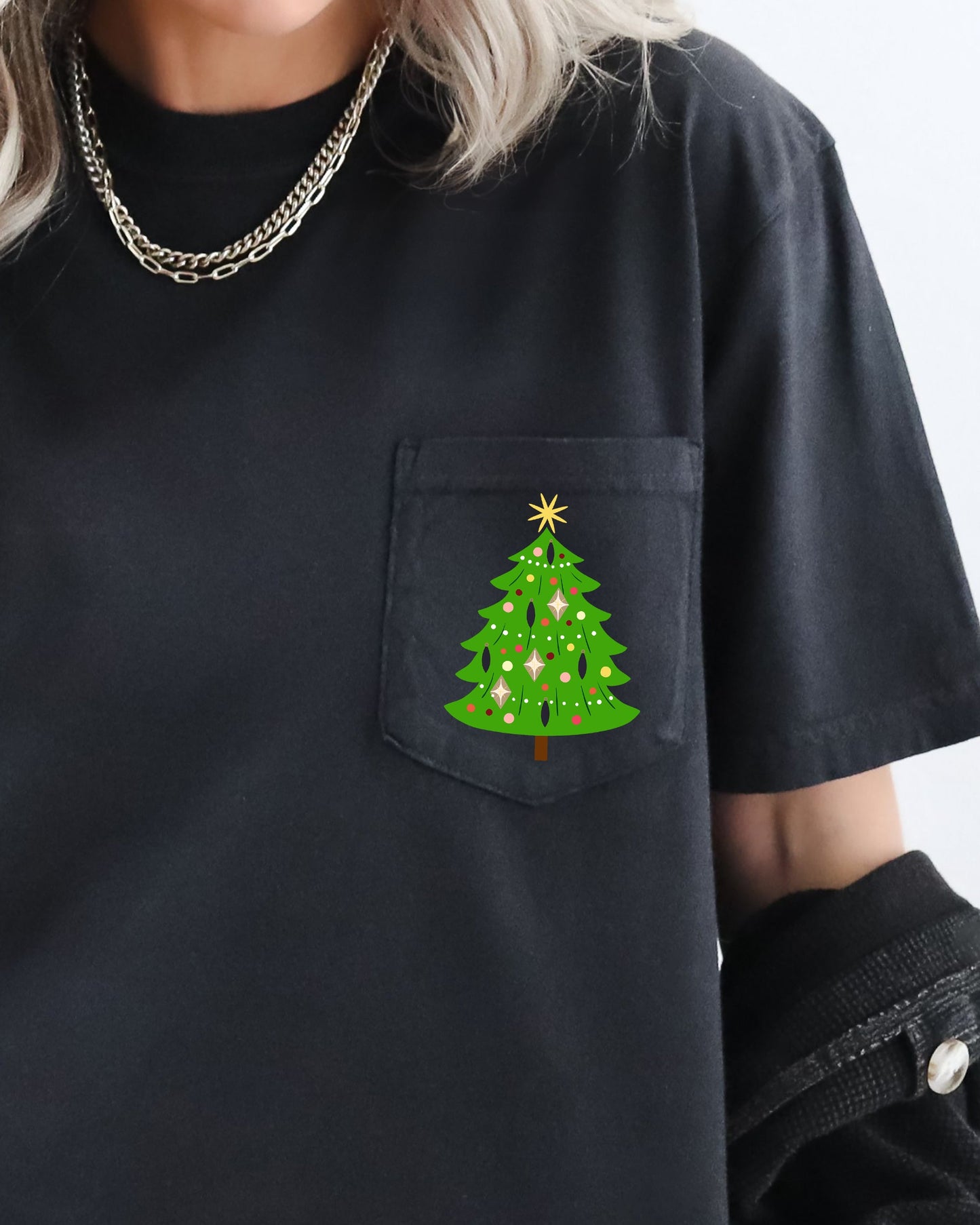 Retro Christmas Tree, Pocket, Santa, Snow, Xmas Pocket Tee Comfort Colors T-Shirt